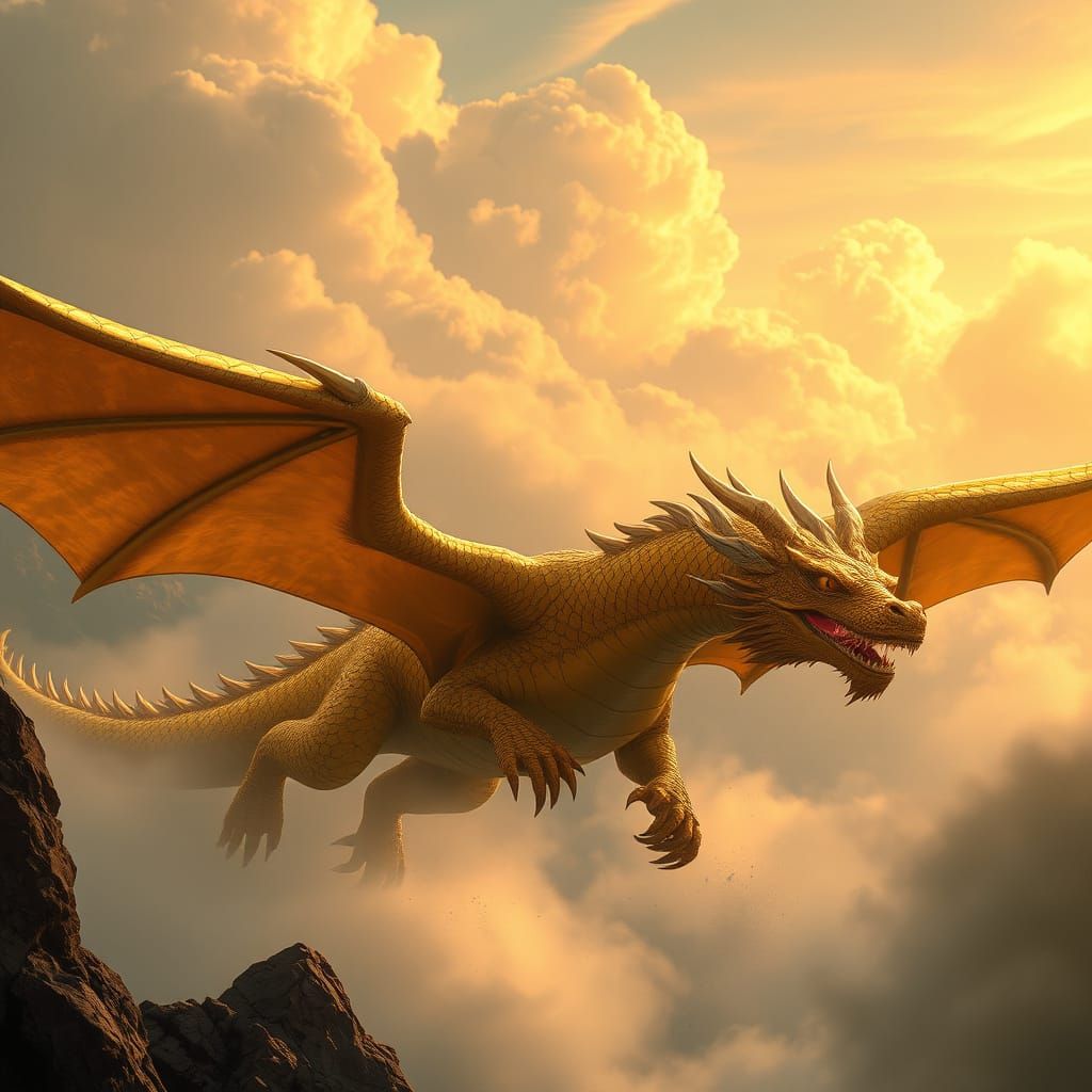 Golden Dragon Soaring in Atmospheric Landscape