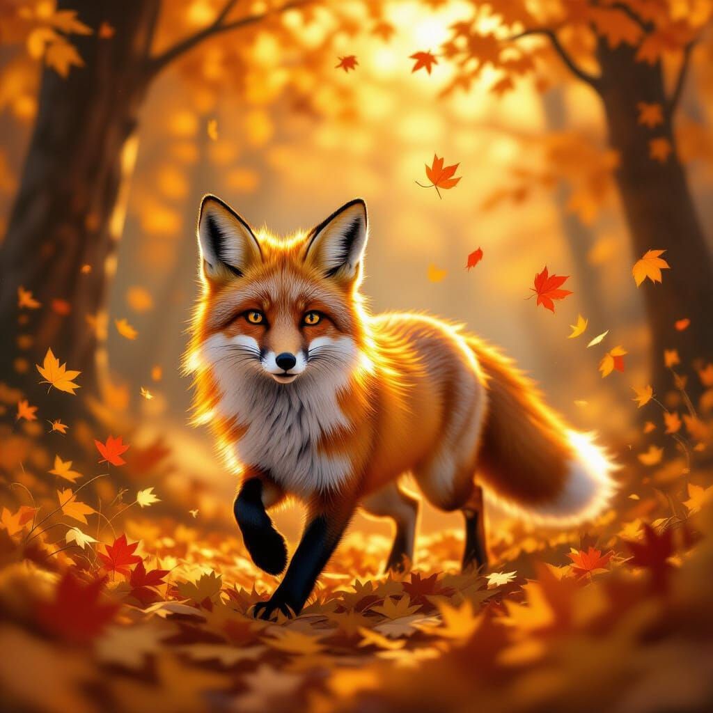 Majestic Fox in Enchanted Autumn Forest Digital Painting