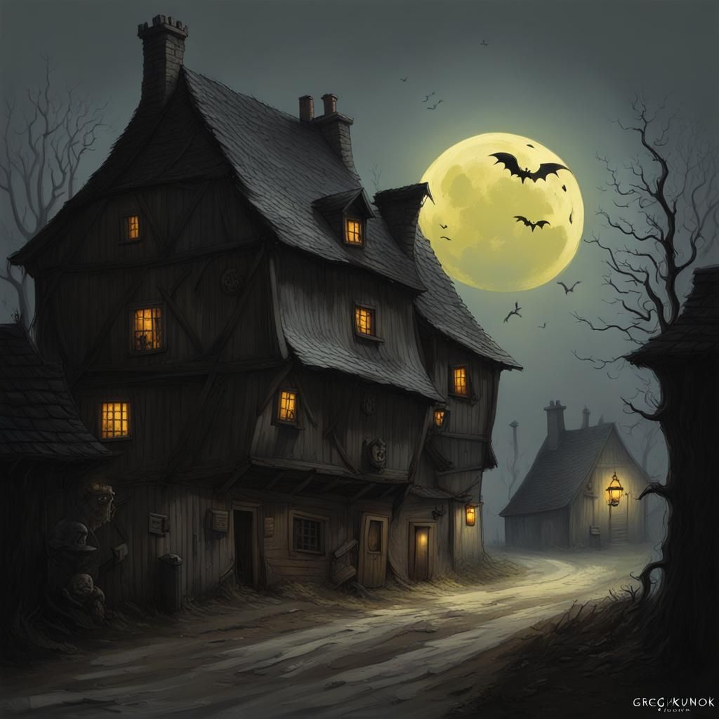 Haunted Village with Yellow Moon, Dark Fantasy