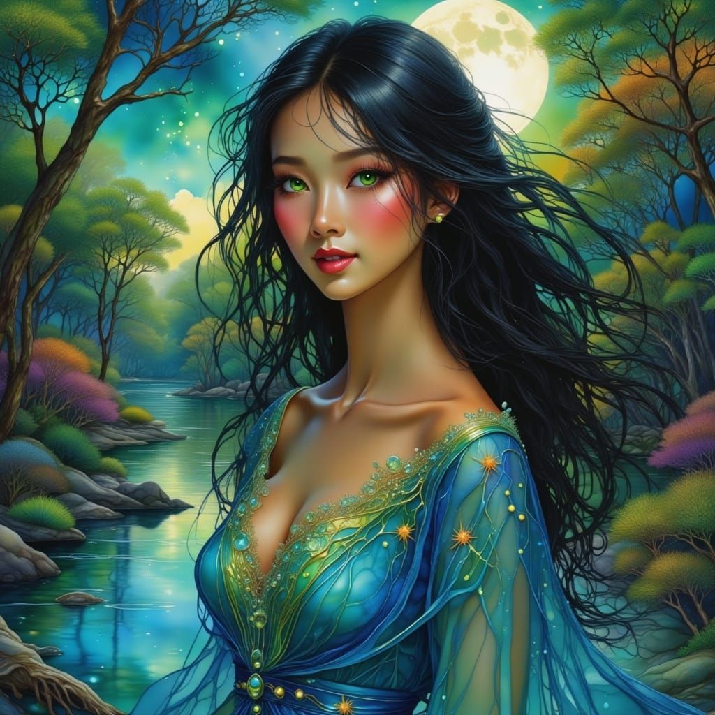 Asian Woman in Blue Dress, Art Nouveau Style