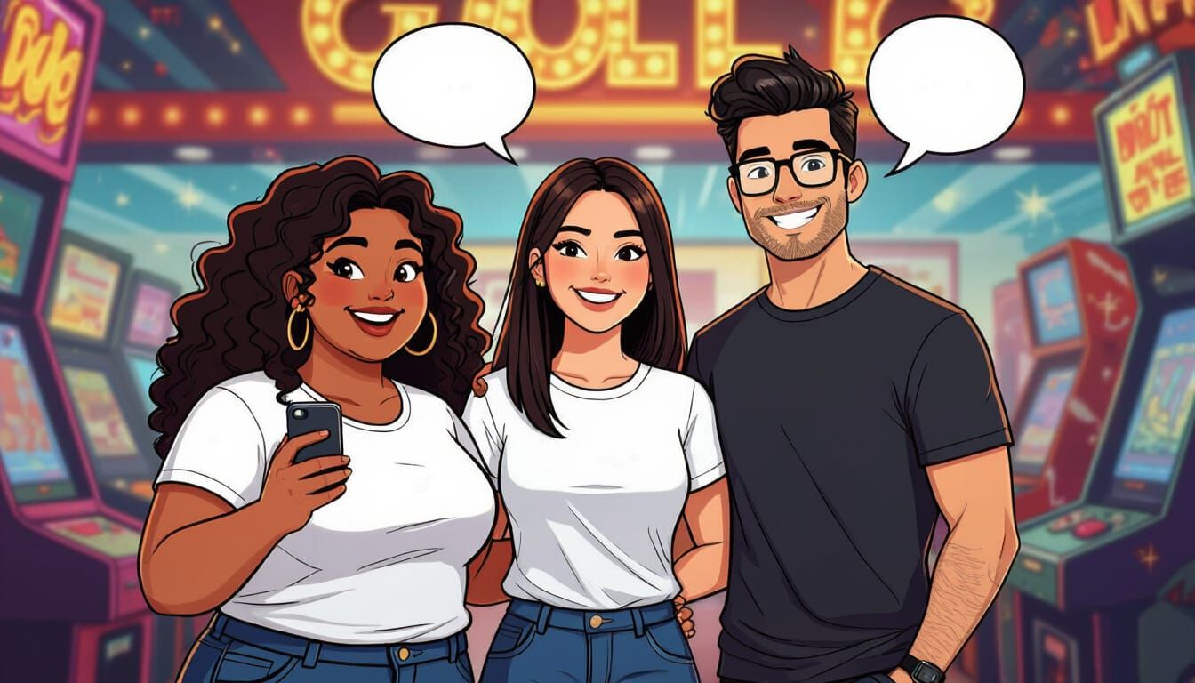 Friends at the Arcade: A Humorous Caricature