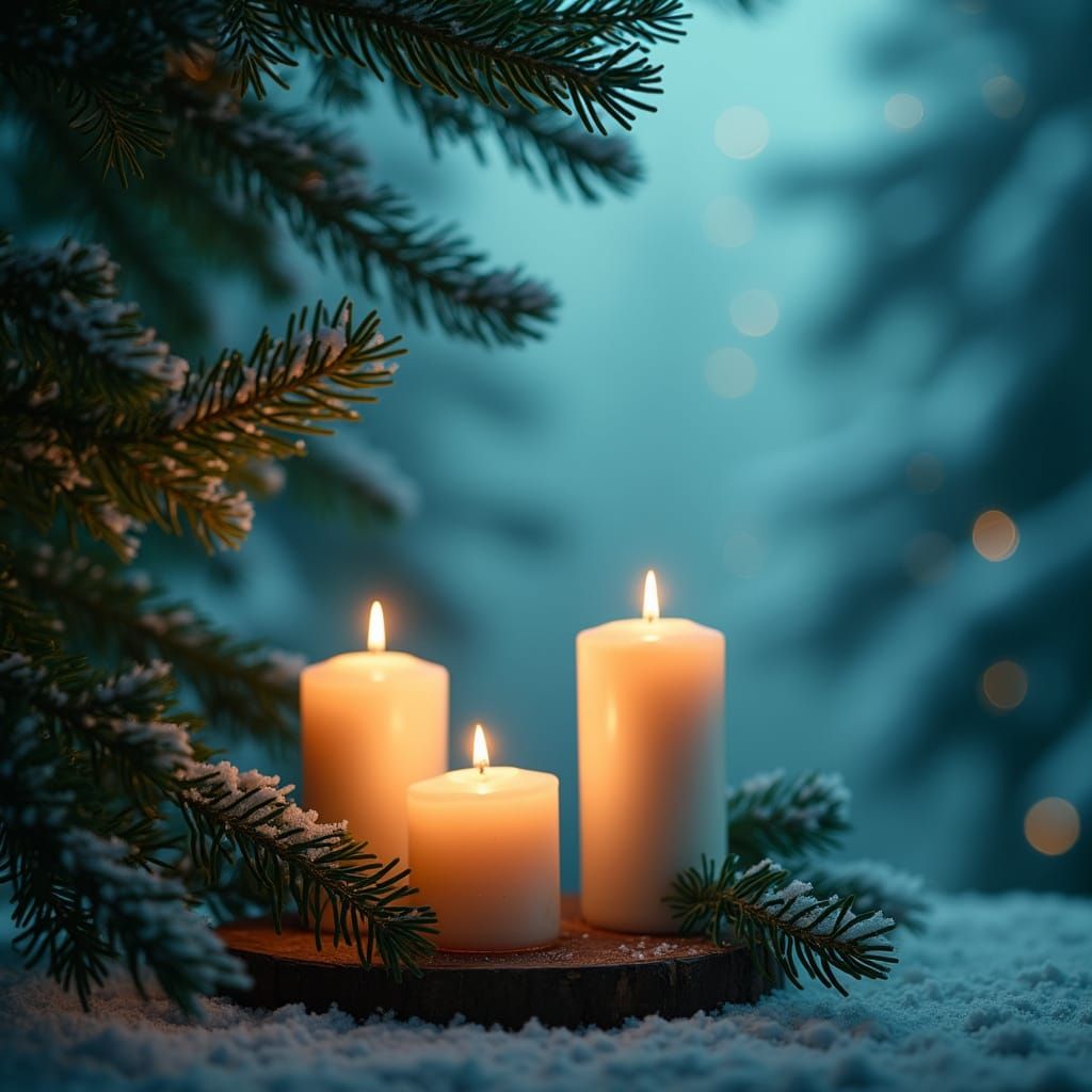Softly Flickering Candles Amidst Pine Boughs with Cyan Glow