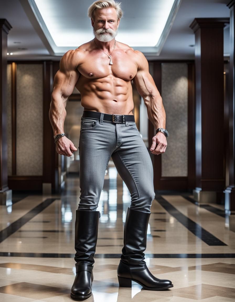 Bodybuilder with Moustache in Hotel Lobby