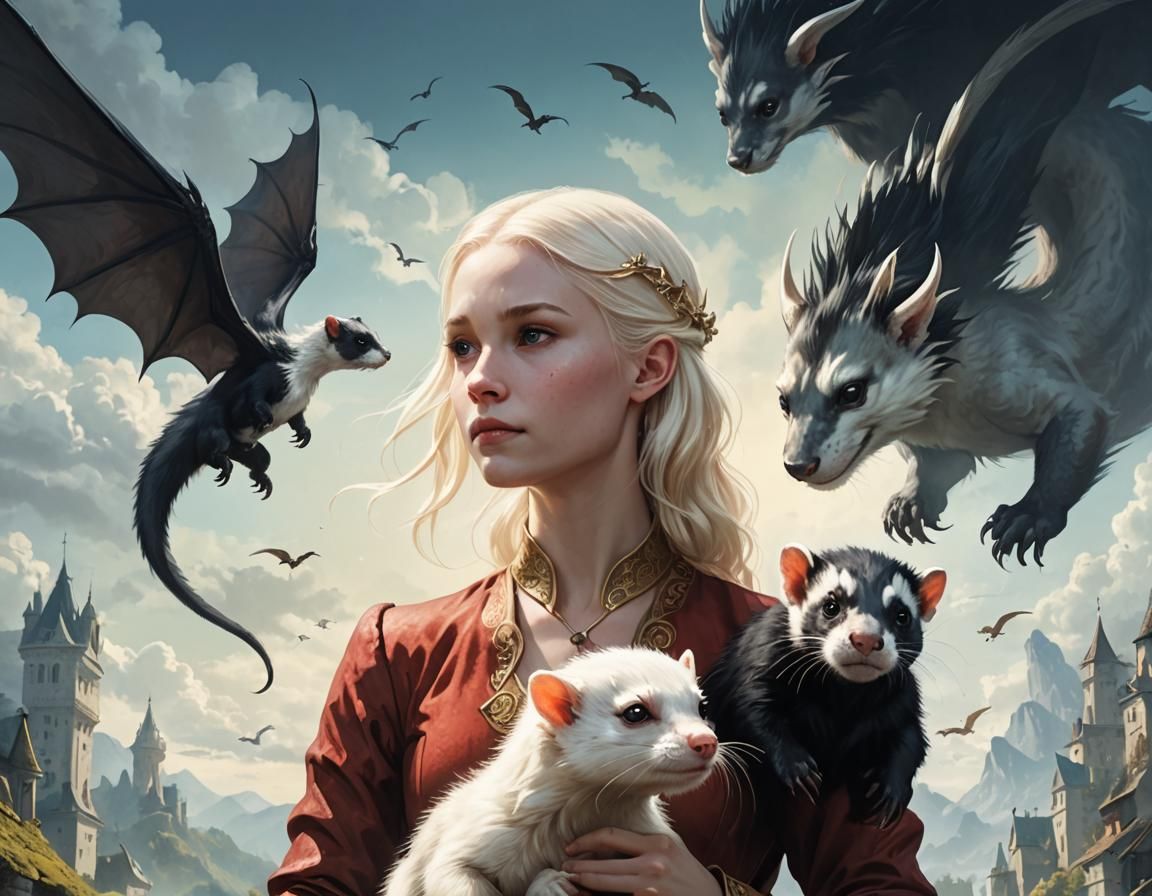 Fantasy Book Cover with Dragon and Ferrets