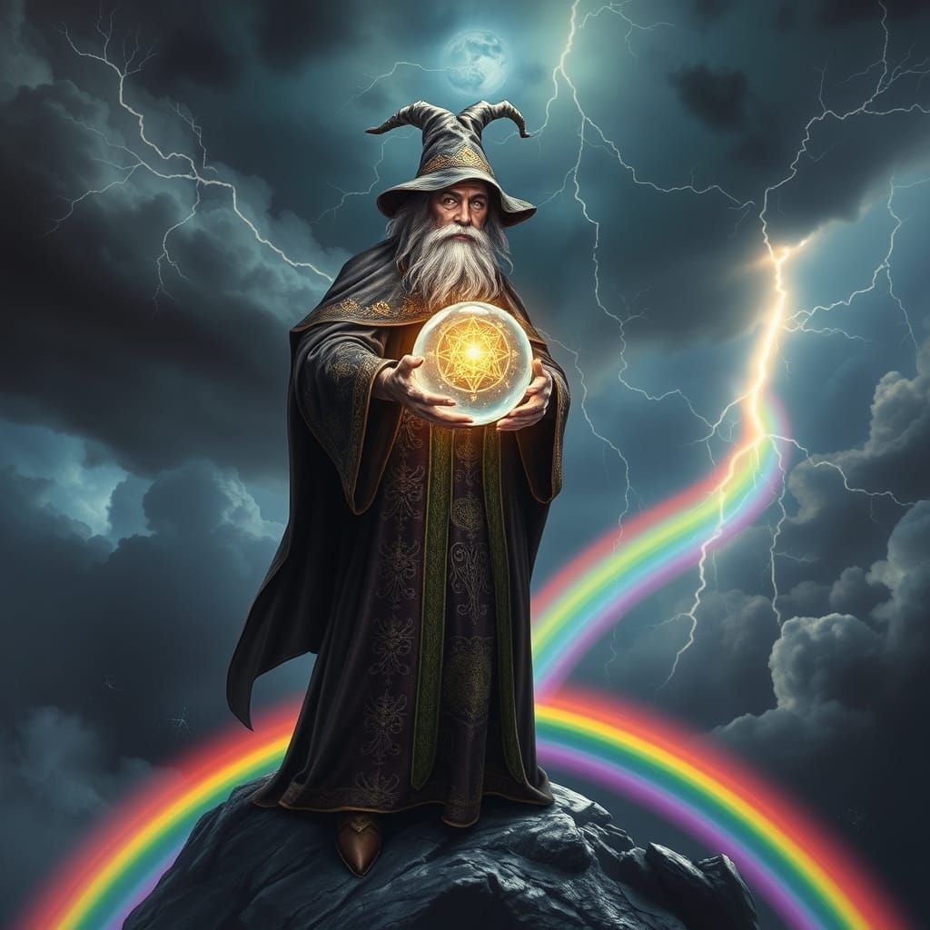 Wizard Standing on Rainbow with Dark Skies in Realistic Styl...