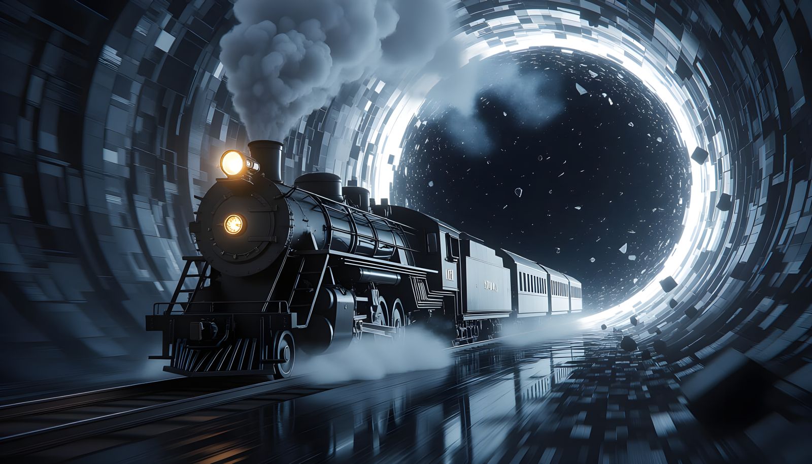 Obsidian Train Enters Black Hole: Sci-Fi Surrealism
