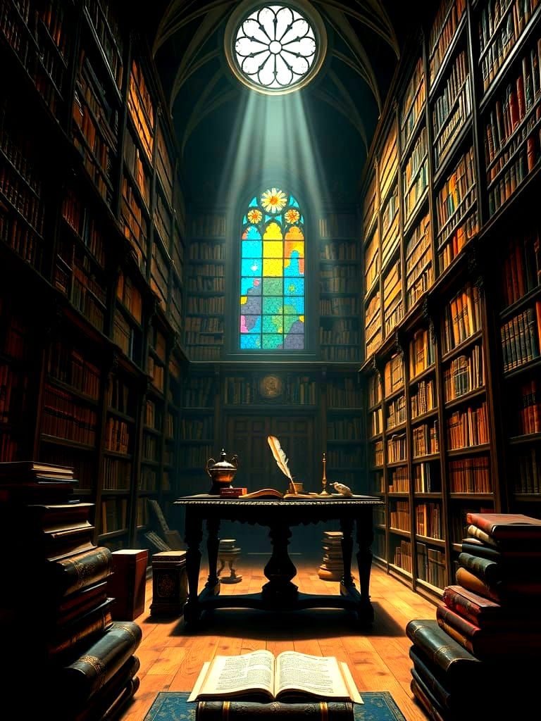 Grand Library with Sunlight and Perched Cat