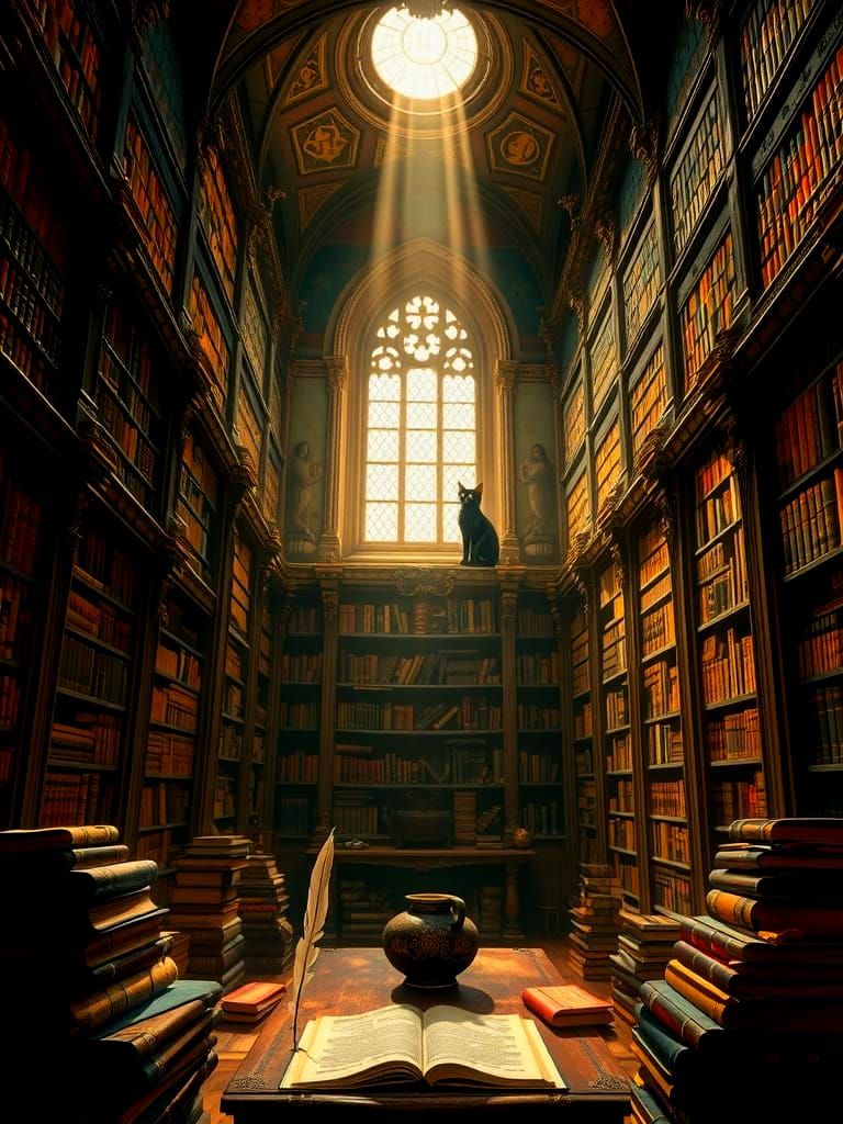 Library Cat Guardian in a Fantasy Concept Art