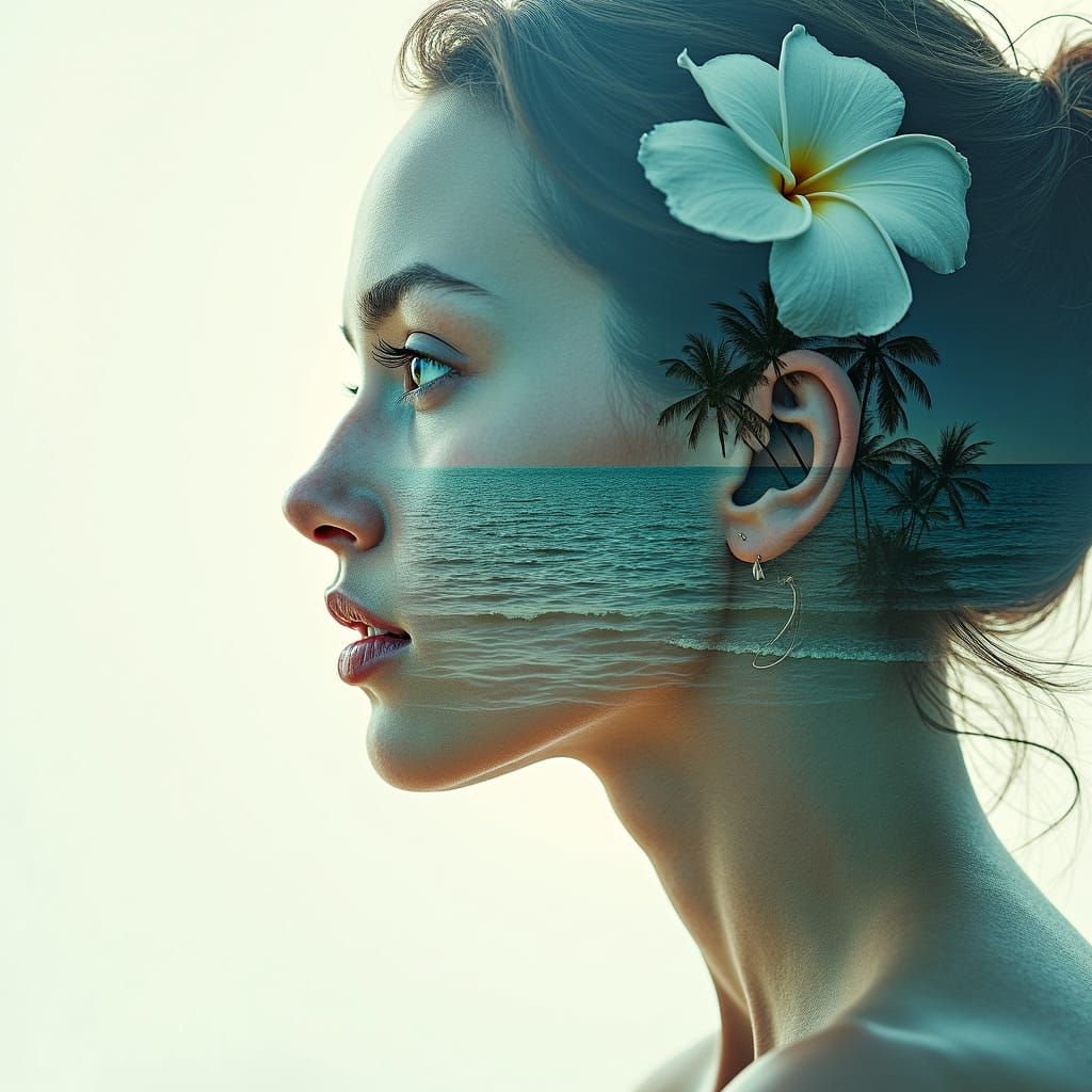 Surreal Double Exposure: Woman, Ocean, Tropical Flowers