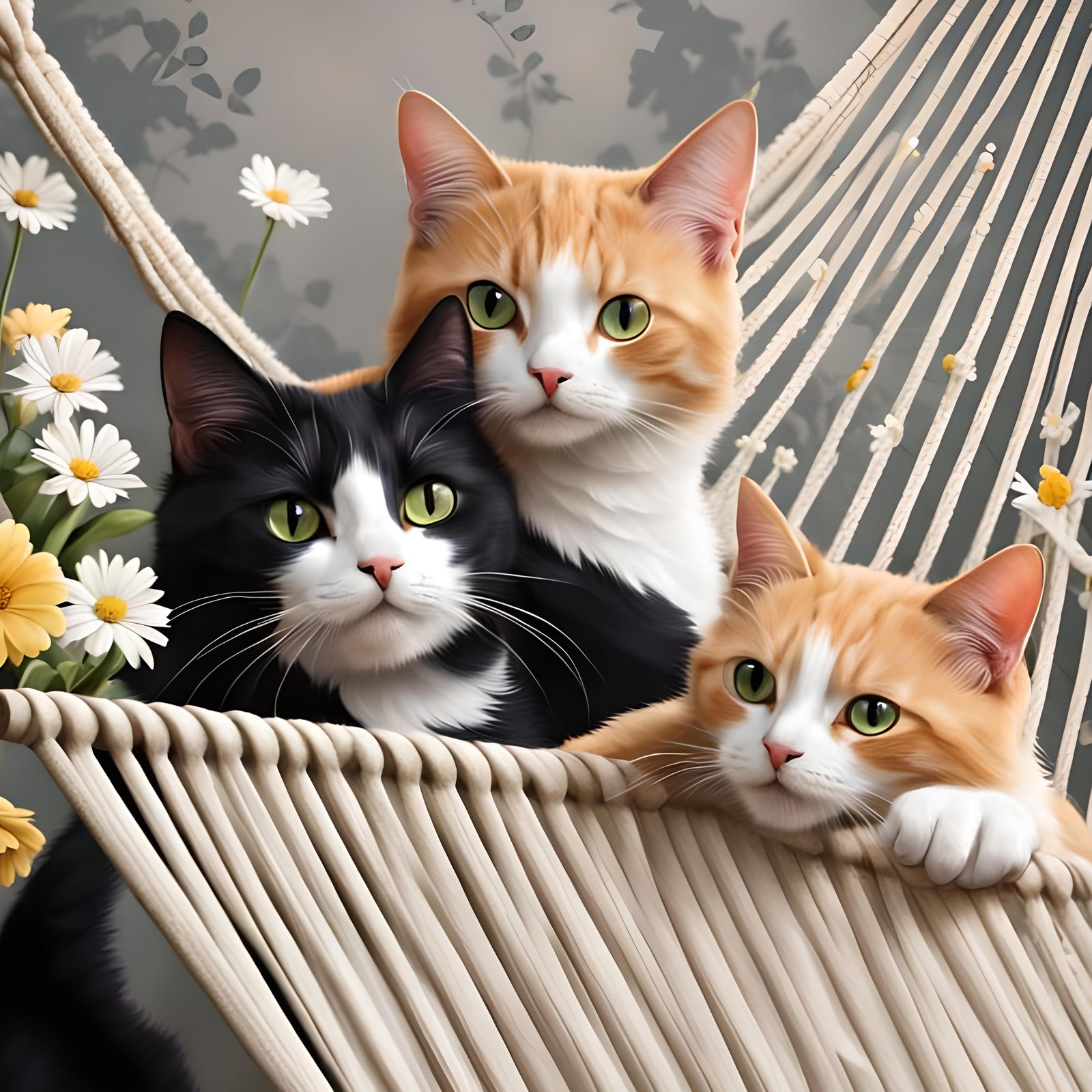 Cats in Hammock with Flowers Portrait