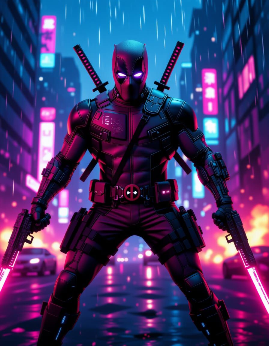 Cybernetic Deadpool in Neon Cyberpunk City