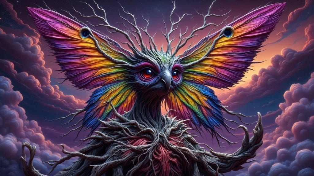 Surreal Moth Man in Rainbow Lightning Landscape