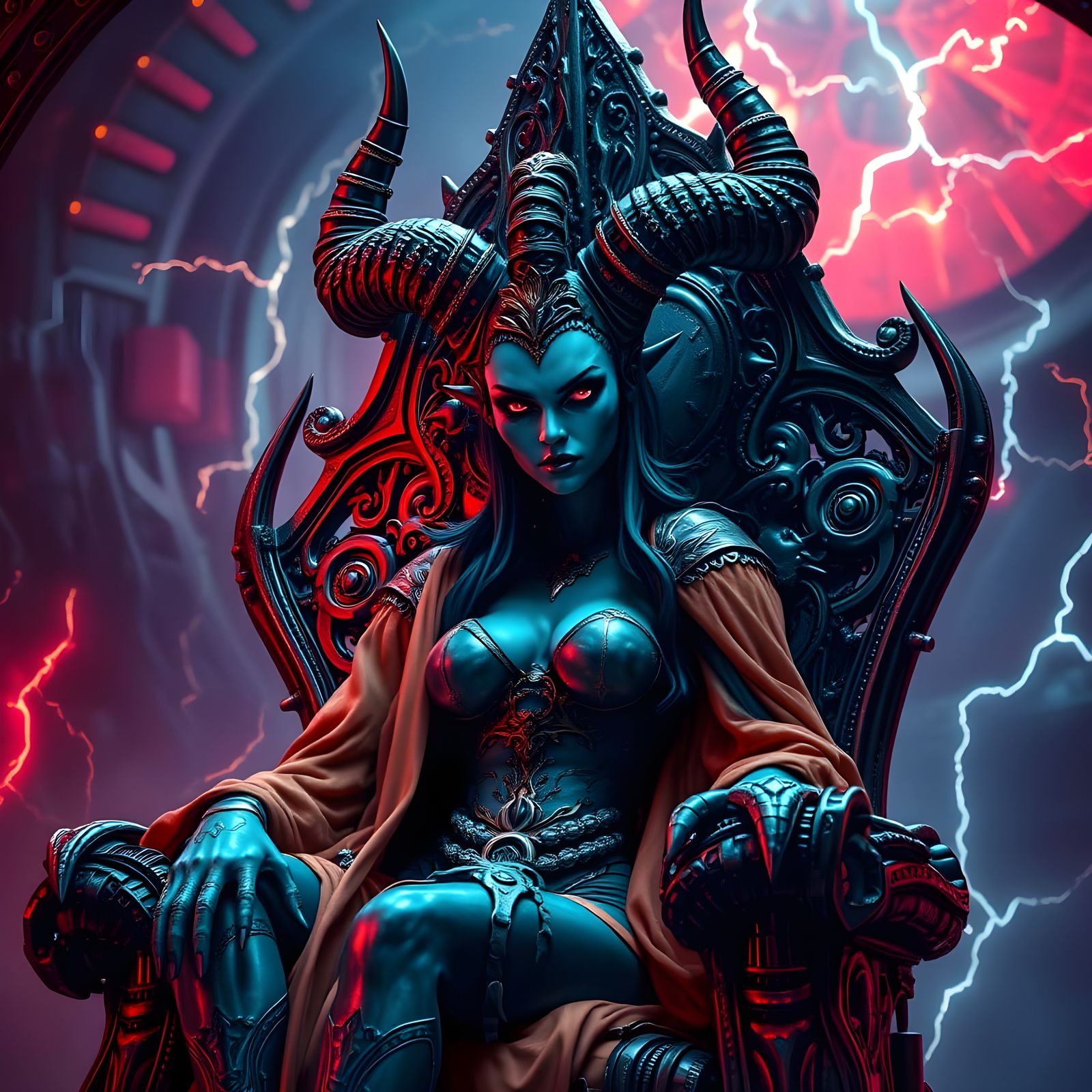 Cyberpunk Demoness on Throne: Digital Art