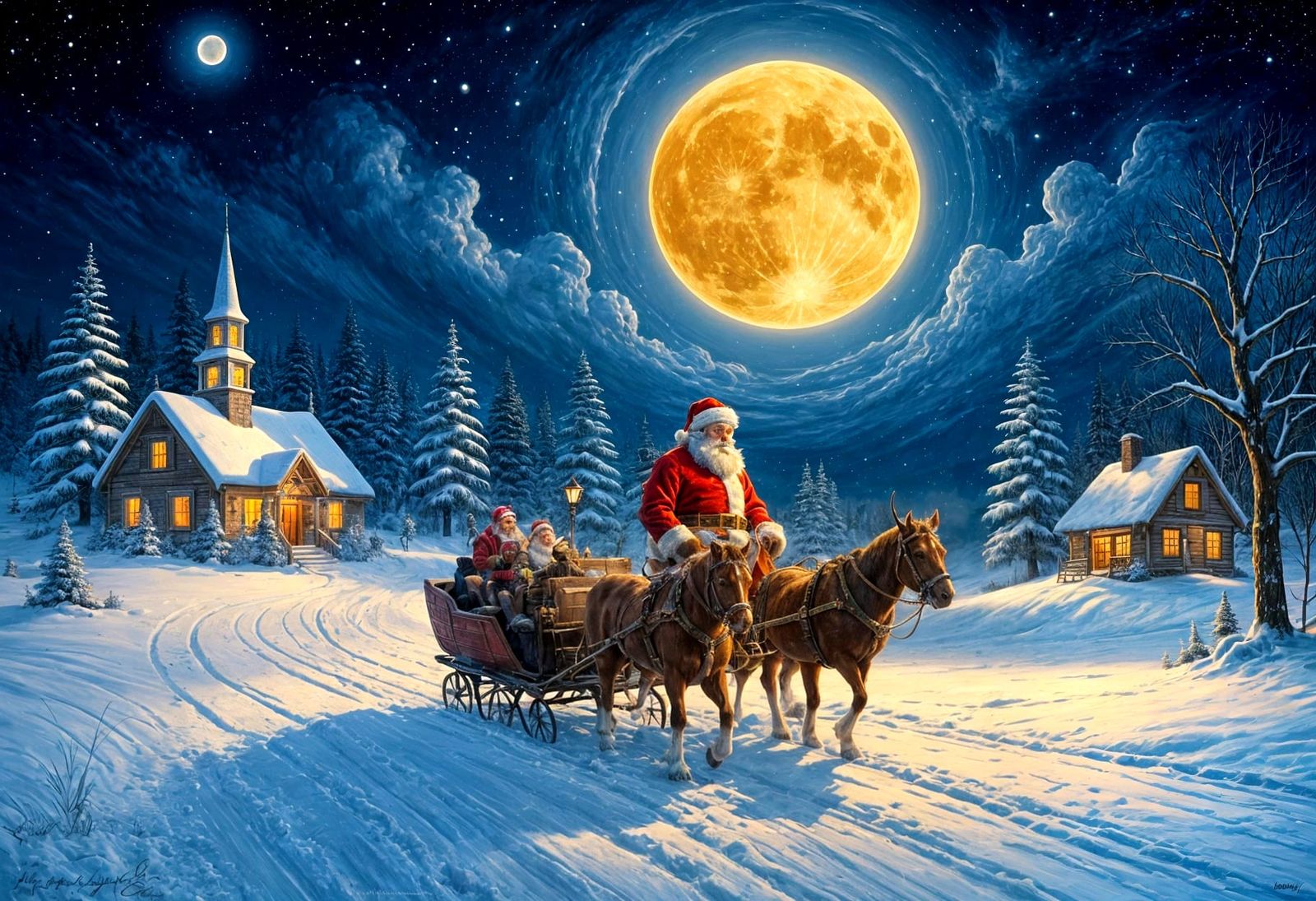 Santa's Snowy Night Scene in Kinkade Style
