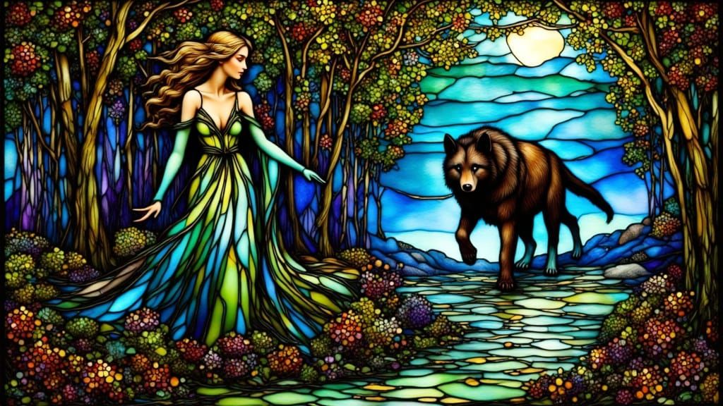 Woman and Werewolf in Stained Glass Style