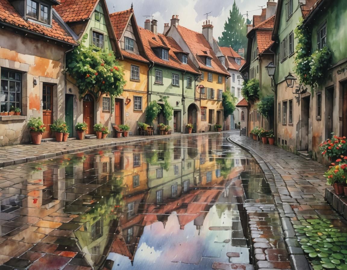 Rainy Morning in Old European Town: Watercolor Painting