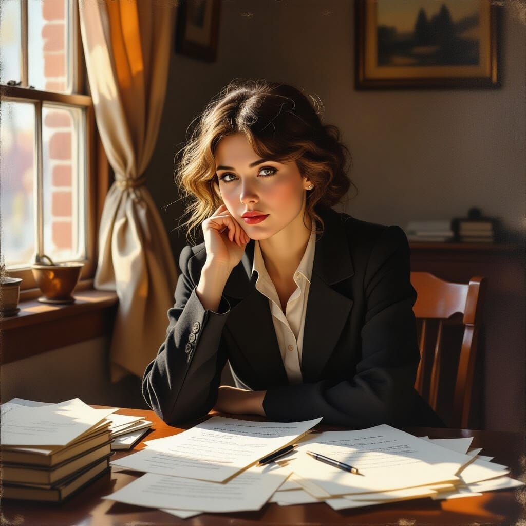Introspective Woman Surrounded by Papers