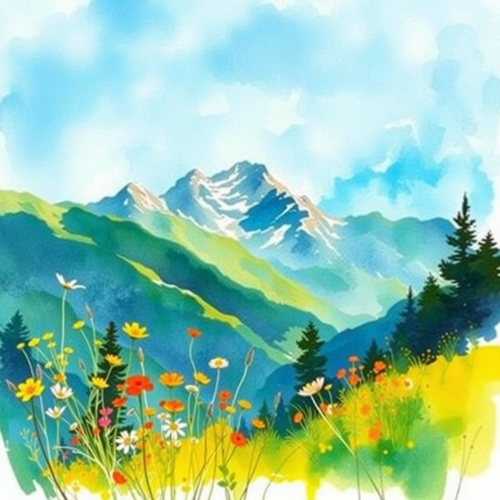 Dreamy Mountain Watercolor in Vibrant Hues