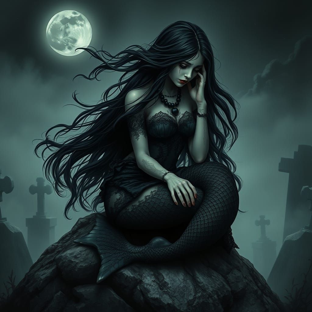 Goth Mermaid Weeping Black Pearls in Graveyard