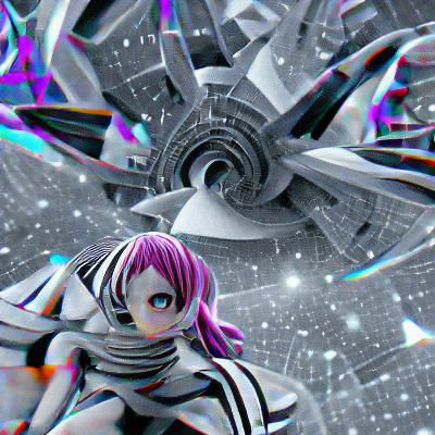 Cyber Anime Girl in Infinite Galaxy with Sculpture