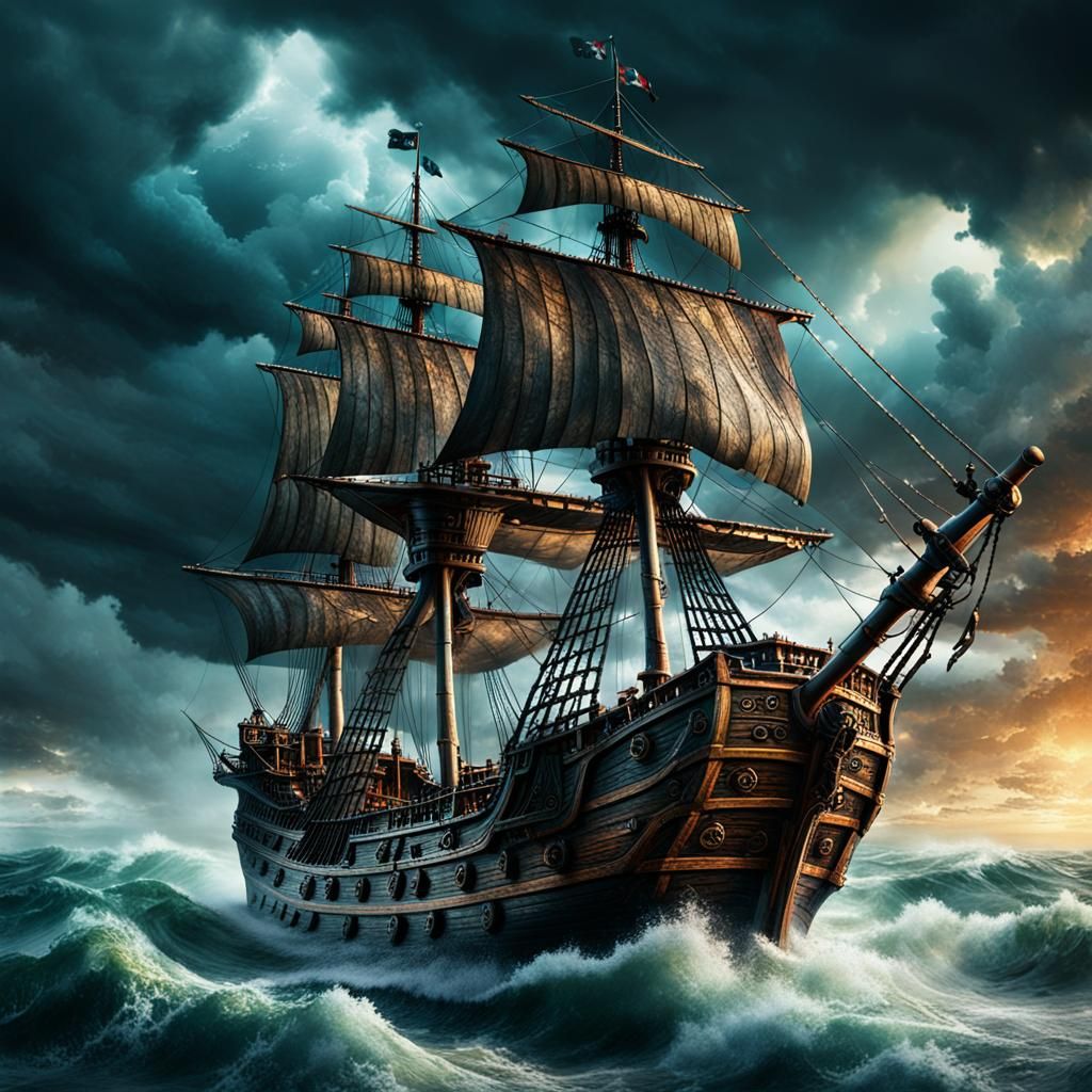 Pirate Ship Battle in Stormy Seas: Hyperrealistic Digital Ar...
