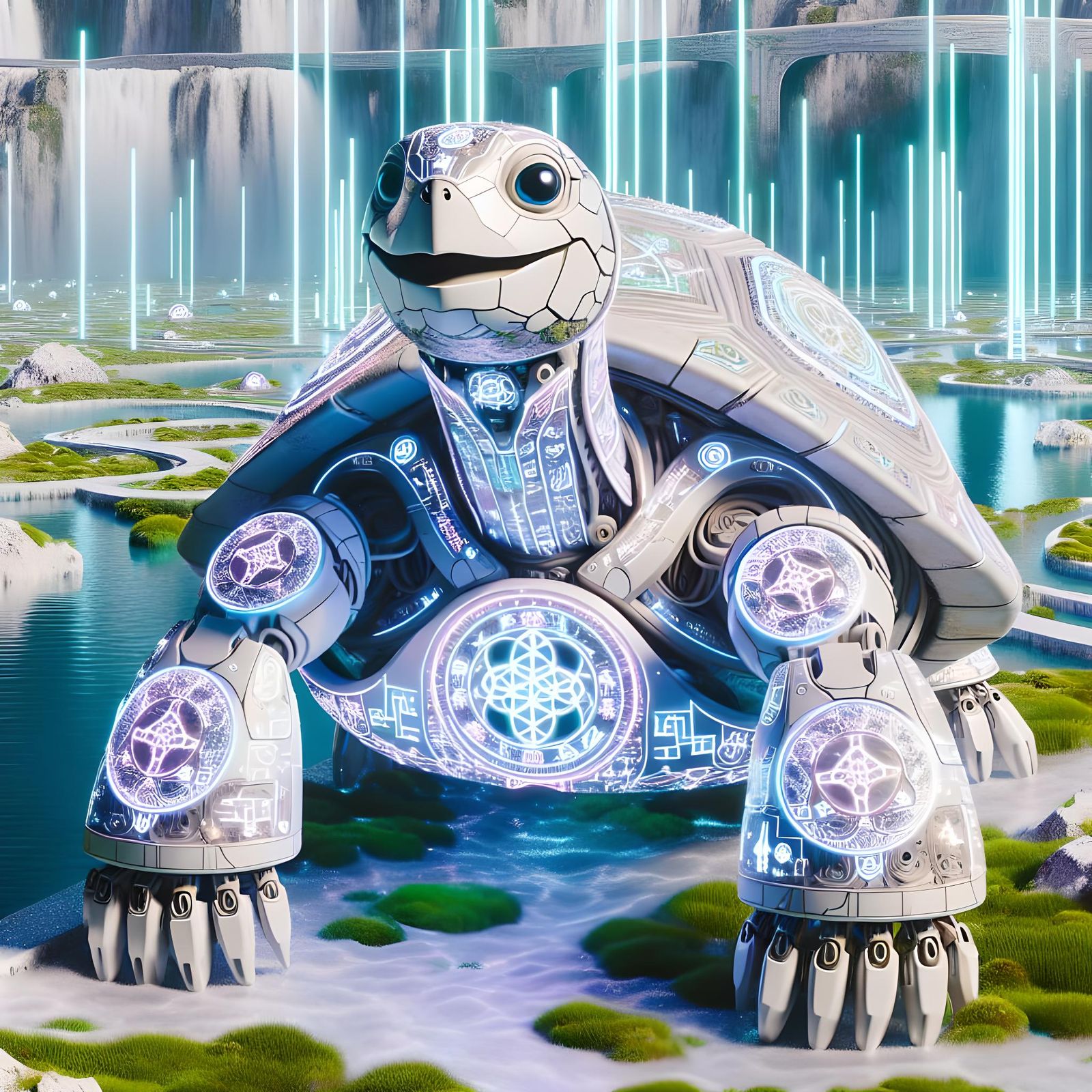 Mechanical Runic Turtle in Cosmic Neon Landscape