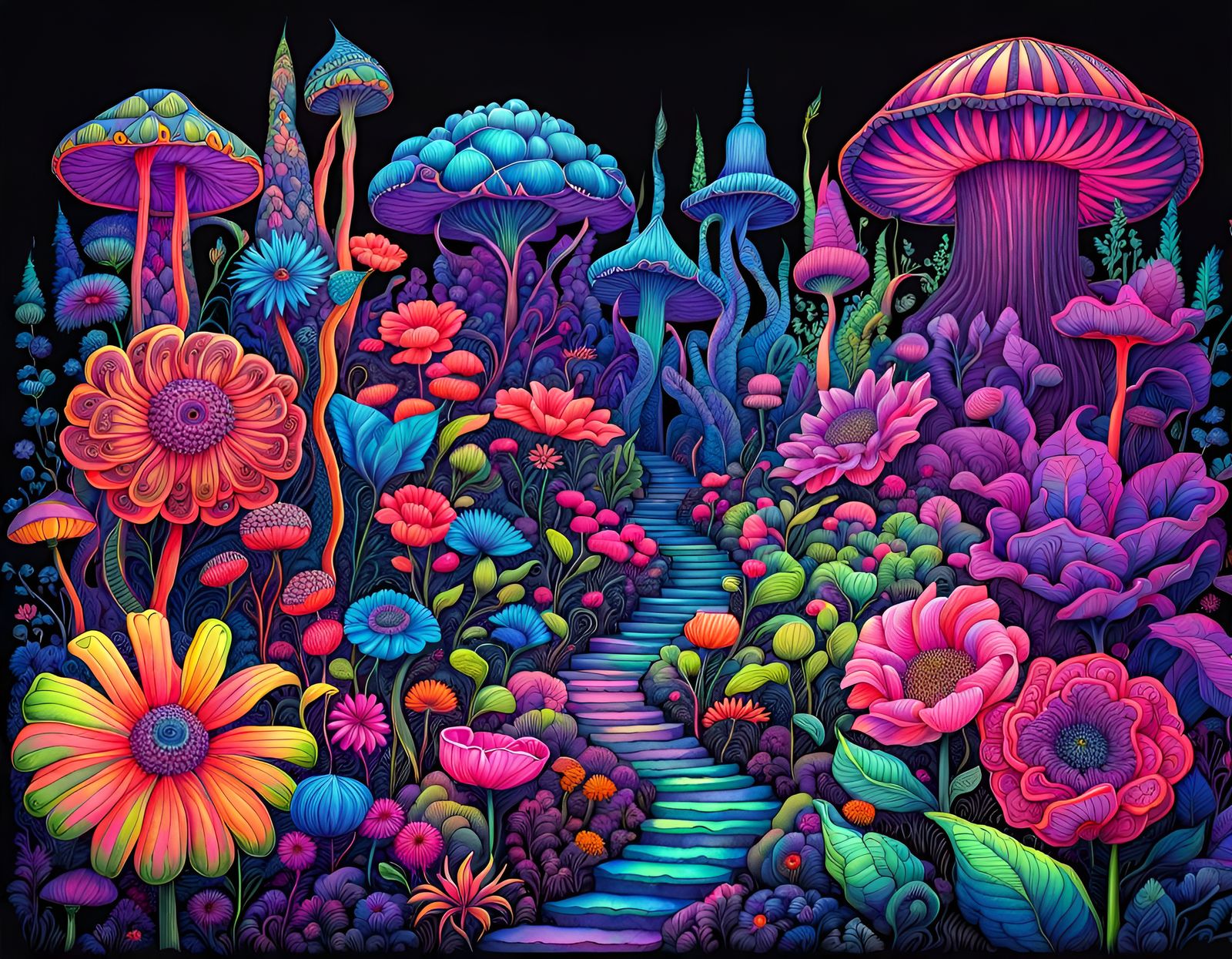 Path through a Blacklight neon fantasy flower garden of gigantic flowers
