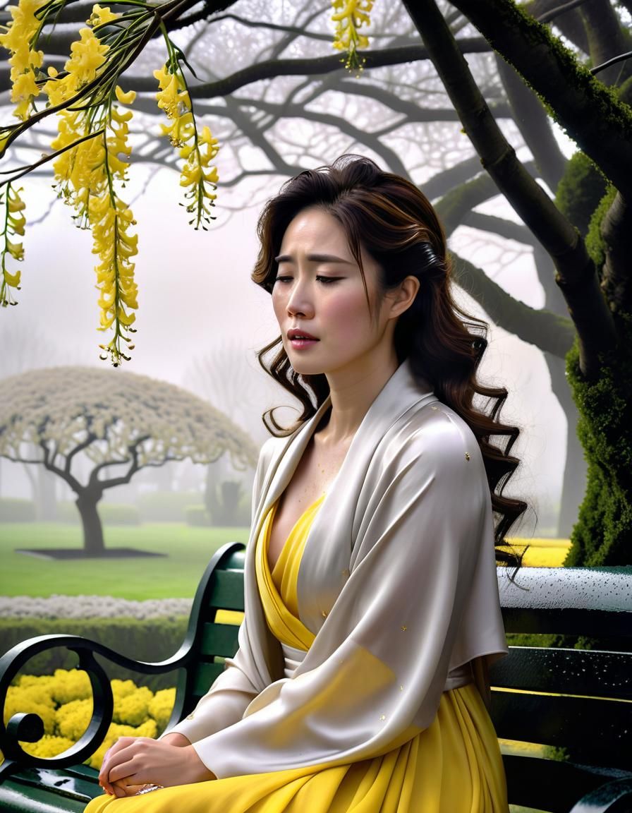 Chiaroscuro Oil Painting: Korean Woman in Garden