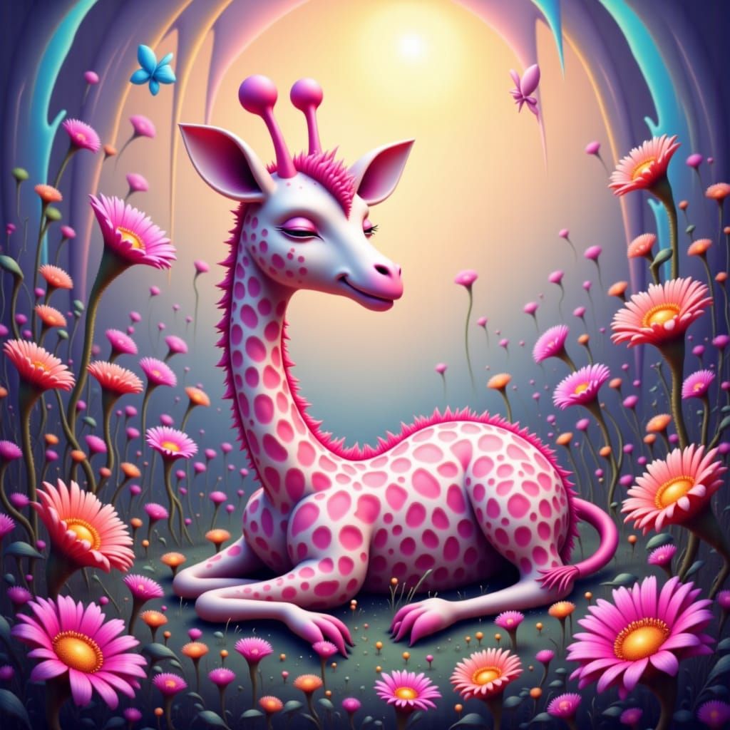 Whimsical Pink Giraffe in Rainbow Flower Garden