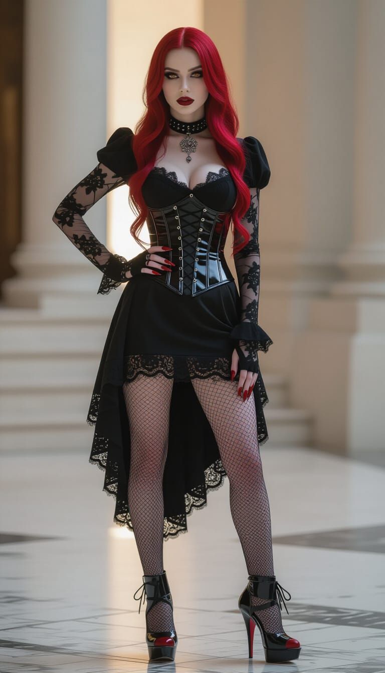 Goth Woman in Lace Dress with Crimson Hair