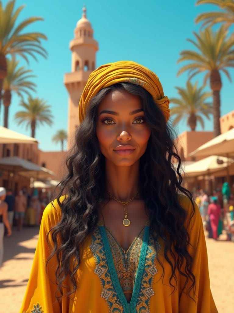 Touareg Woman in Vibrant Yellow Attire with Intricate Blue E...