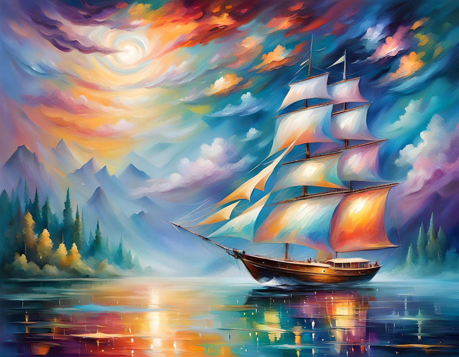 Iridescent Sailing Boat in Dreamlike Fantasy Landscape
