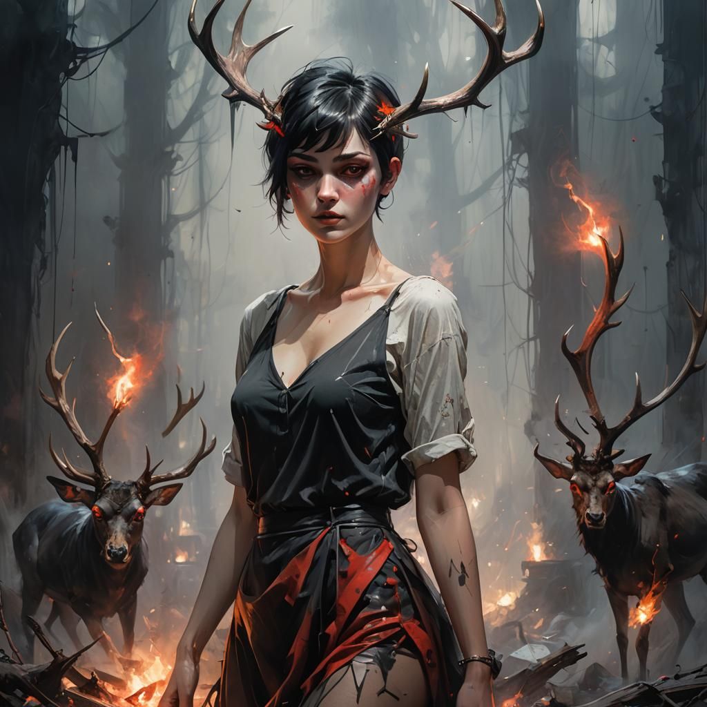 Enigmatic Woman with Antlers in Surreal Digital Art
