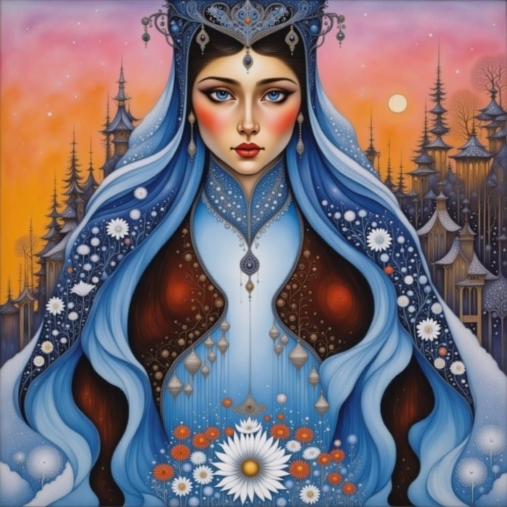 Golden Enchanted Snow Queen in a Whimsical Winter Wonderland