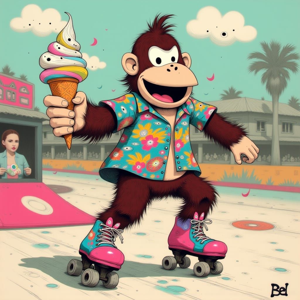 Donkey Kong Roller Skating with Ice Cream
