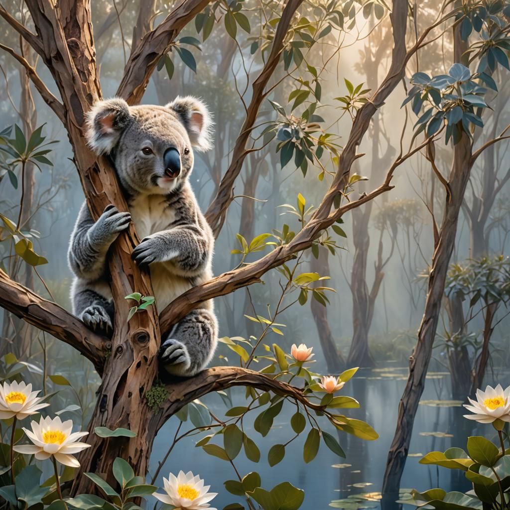 Koala in Misty Wildflower Dawn, Unreal Engine Painting