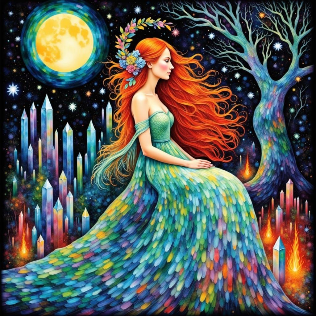 Celestial Maiden in Bioluminescent Grotto, Art Nouveau Style