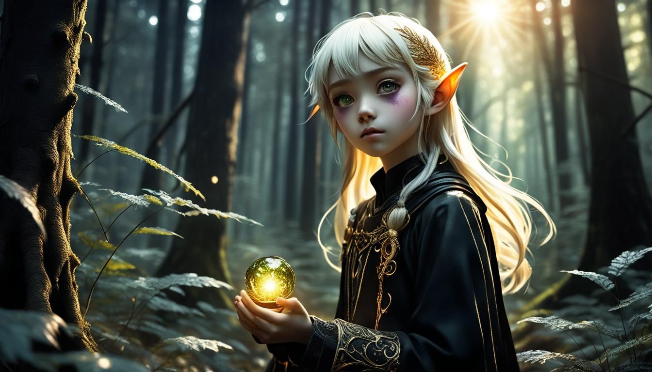 Frightened Elfling in Dark Forest: Punkwave Comic Style