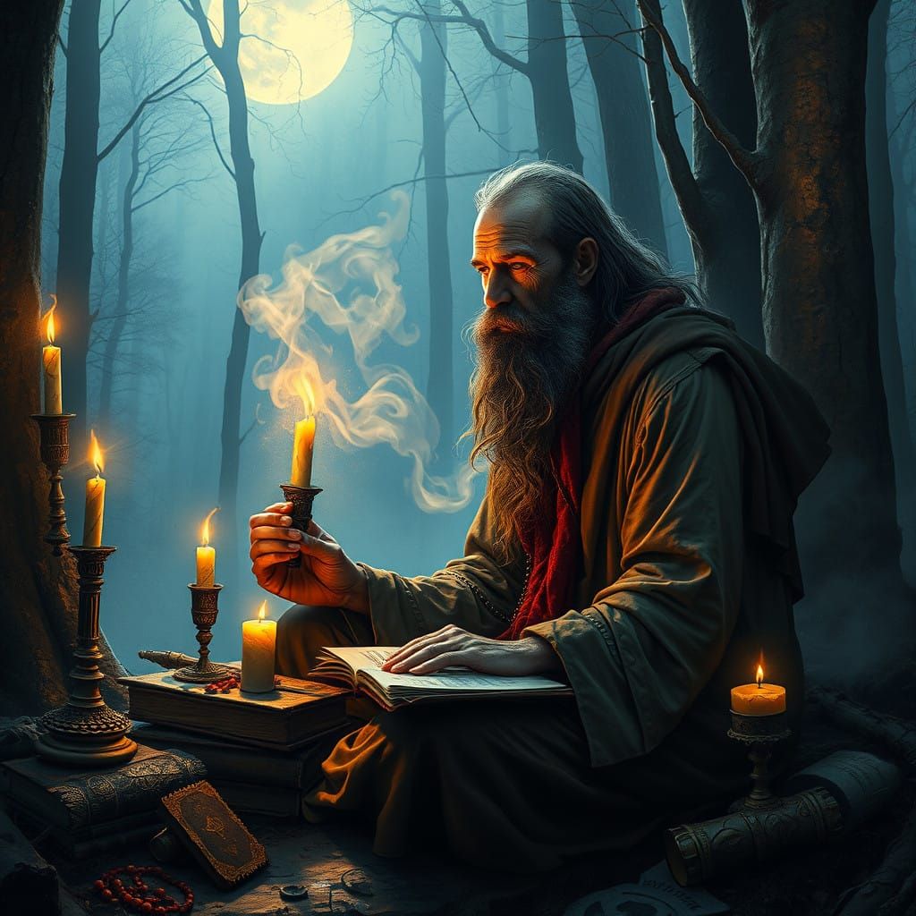 Contemplative Hermit in a Surreal, Misty Forest
