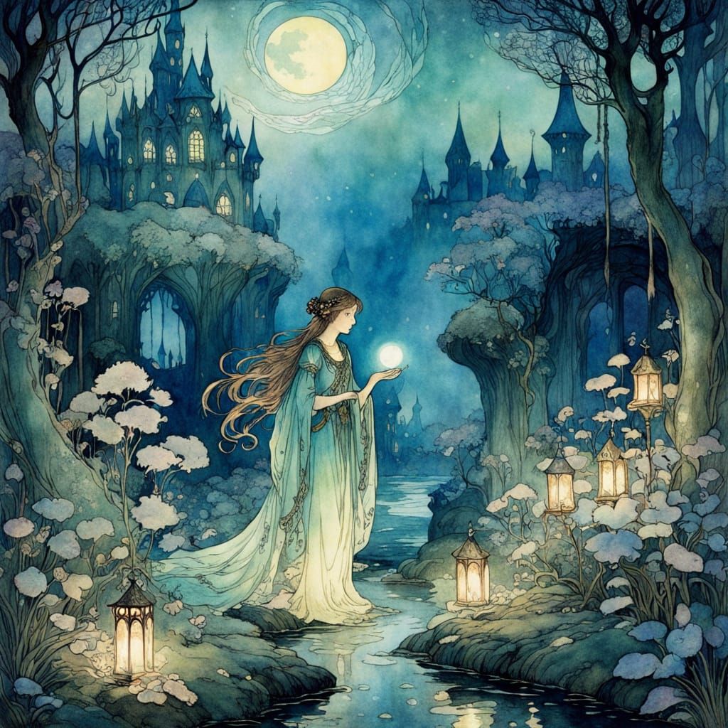 Shimmering Otherworld Garden in Art Nouveau Style