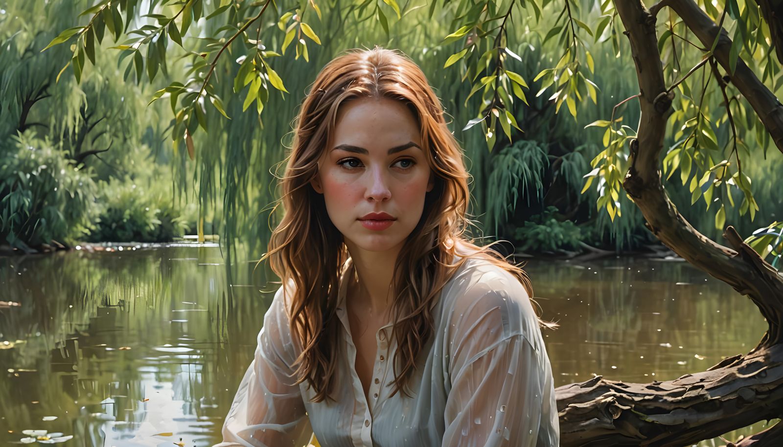 Young Woman Under Willow Tree in Rain