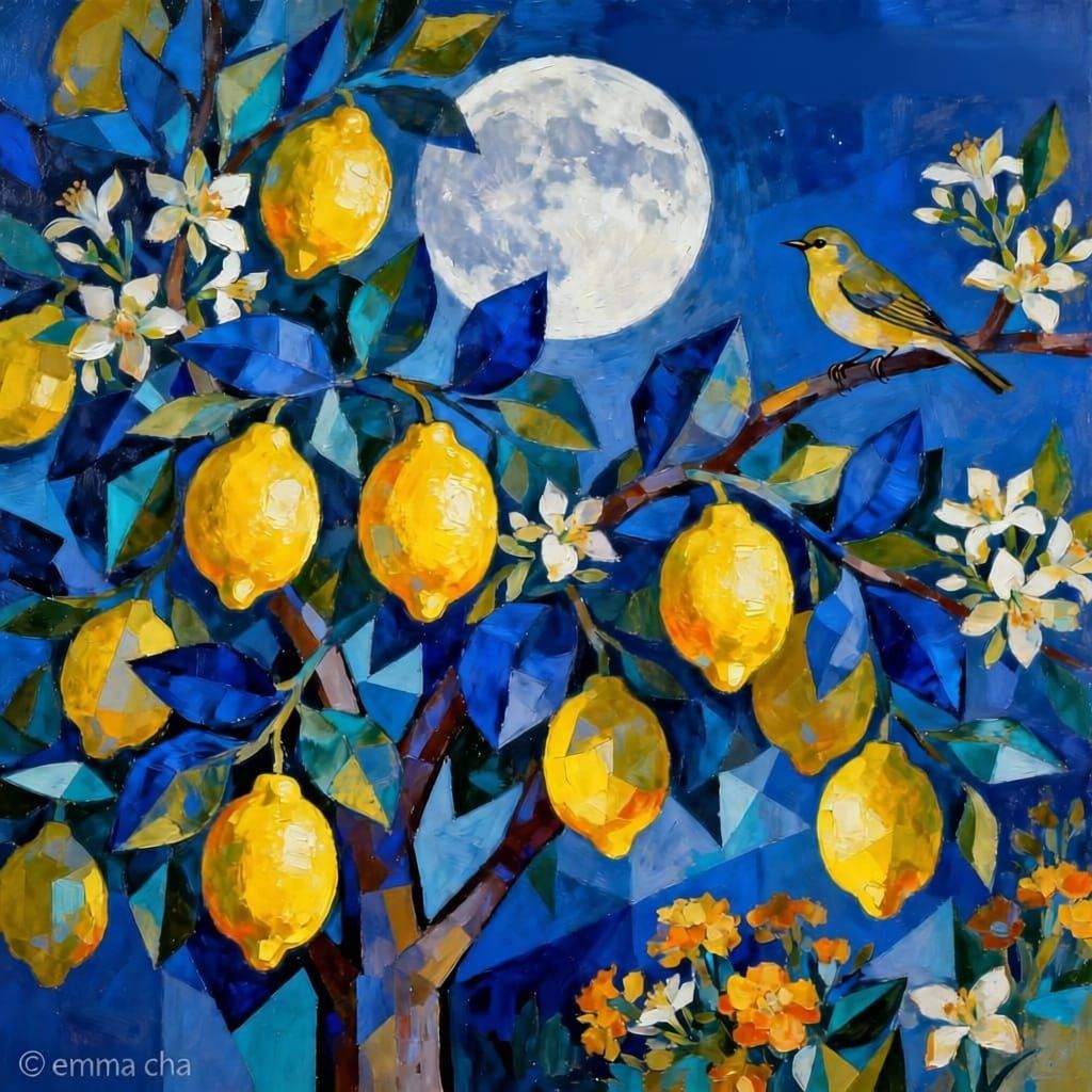 Luminous Lemon Tree Sings Under Moonlit Sky