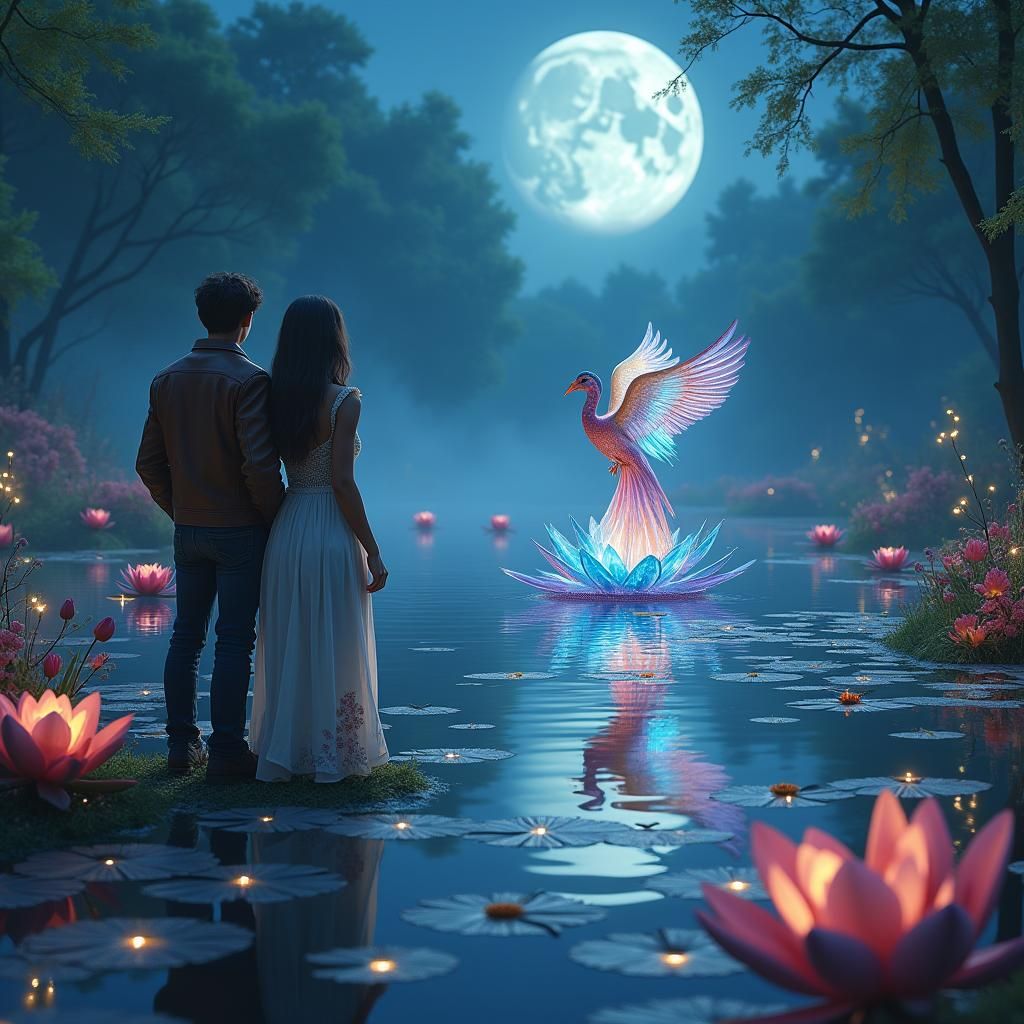 Enchanted Lake Scene with Mystical Creatures in 8K