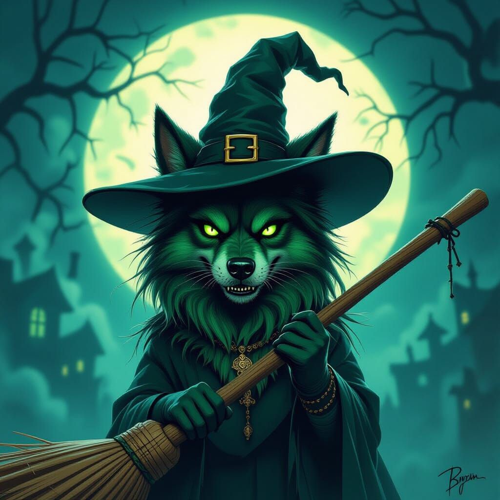 Malevolent Witch Dog with Emerald Fur in Moonlight