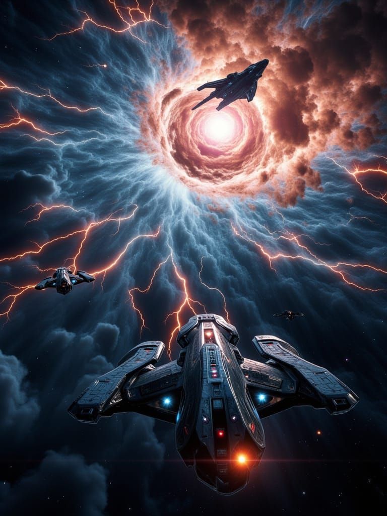 Starships Race Towards Nebula in Photorealistic Style