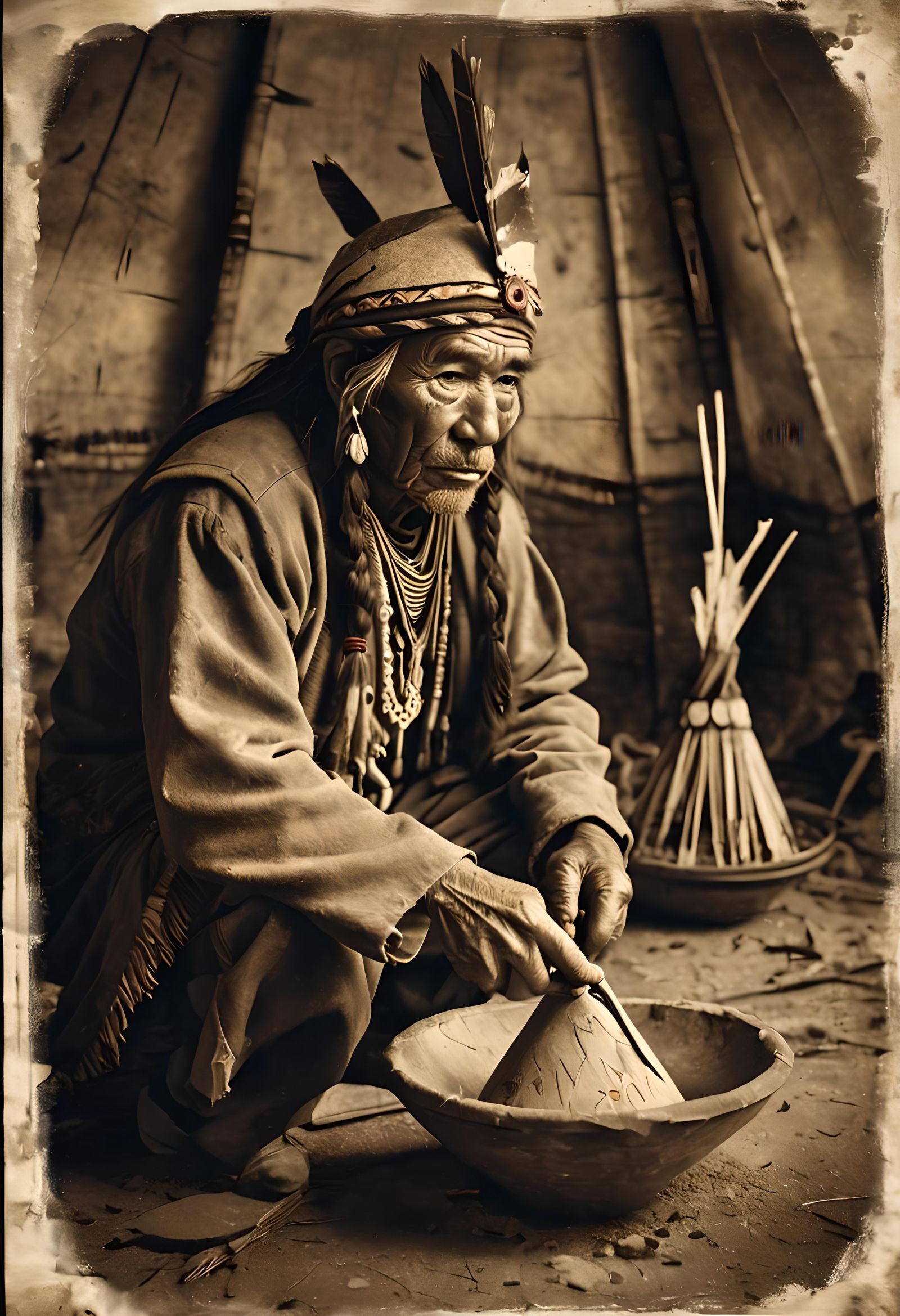 Native American Teepee Scene in Sepia Lithograph Style