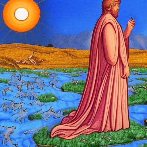 Surreal Landscape: Dragons, Horses, and Rising Sun