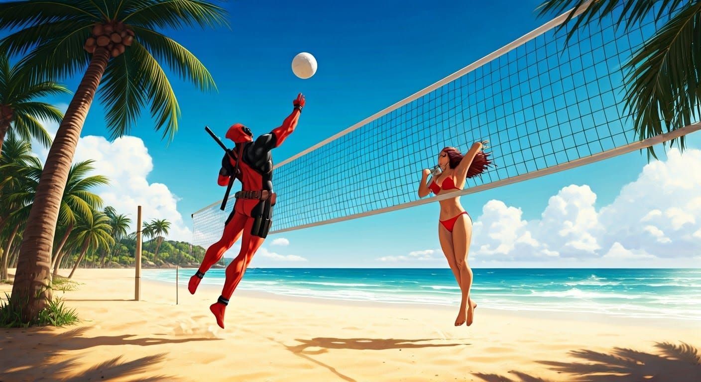 Deadpool and Wolverine Play Beach Volleyball