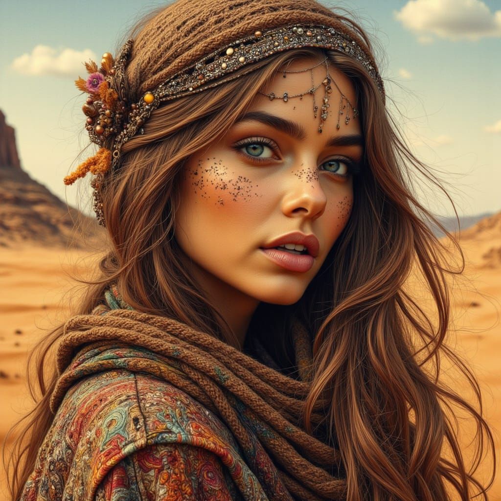 Veiled Woman in Desert Sand, Klimt Style