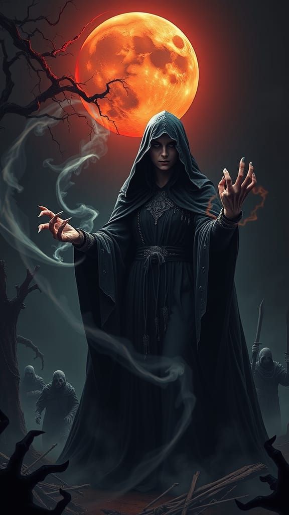 Dark Sorceress Summons Undead Army in Gothic Landscape
